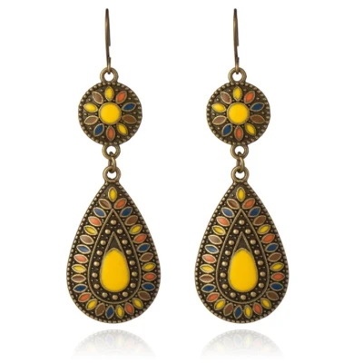 Afbeelding van Druppelvorm Bohemian oorbellen hangers multicolor gele steen