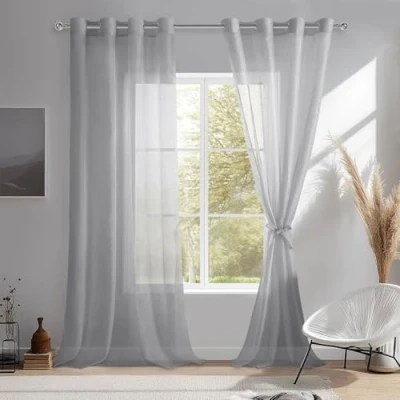 Afbeelding van DWCN Set van 2 gordijnen, wit gordijn met inslagringen, transparante wit, voile, gordijnen ringen, gordijnstropdassen, grijs, 240 x 140 cm (H B)