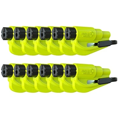Afbeelding van Resqme autobeveiligingssleutelhanger, raambreker en veiligheidsgordelsnijder, noodhamer, gemaakt in de VS, 12 pack tool, neongeel