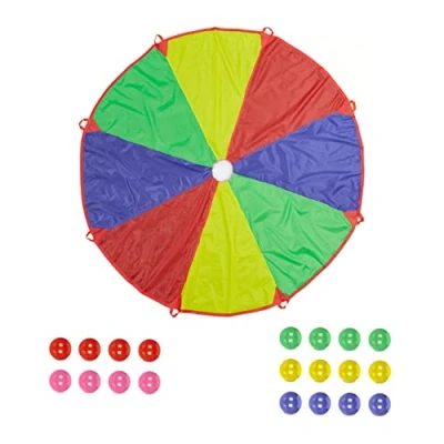 Afbeelding van Relaxdays parachute spel, kinderen, Ø 3,5 m, 20 ballen, 8 handgrepen, parachutespel buiten, dansdoek, regenboog
