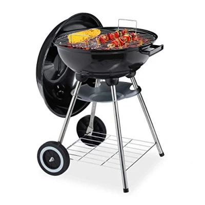 Afbeelding van Relaxdays houtskool bbq met deksel, plateau &amp; as opvangschaal, tuin camping, grill ∅ 40 cm, houtskoolbarbecue, zwart