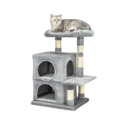 Afbeelding van lionto krabpaal voor katten met 2 grotten &amp; comfortabele ligplaats, hoogte 80 cm, kattenboom pluchen bal incl. belletje, sisaltouw pluche, geschikt kleine grote katten, lichtgrijs