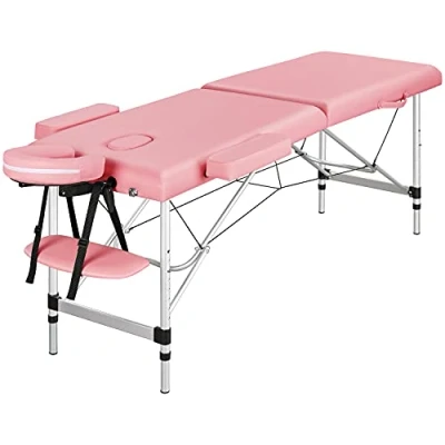 Afbeelding van Yaheetech Mobiel aluminium massagebed in hoogte verstelbaar 2 zones met hoofdsteun &amp; armleuningen tas, lichtroze