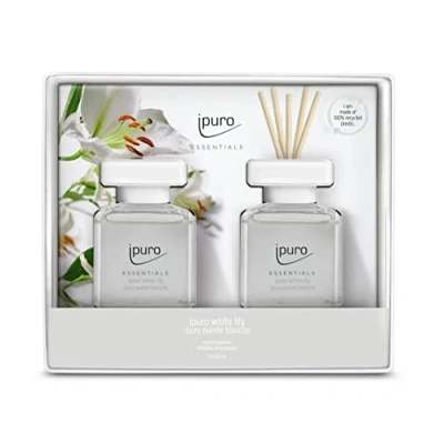Afbeelding van ipuro Essentials kamergeur White Lily, 2 x 50 ml, kamerverfrisser met perzik, lelietje van dalen, jasmijn, kruidnagel, witte muskus &amp; cederhoutgeur, diffuser stokjes luchtverfrisser voor woning