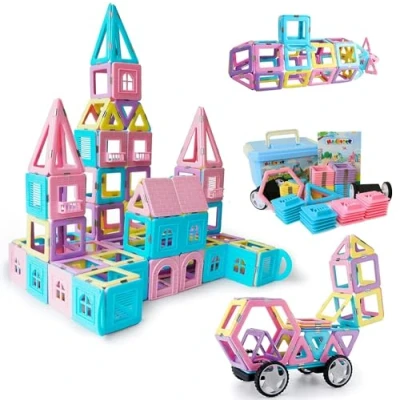 Afbeelding van Magblock magnetische bouwstenen, 103 stuks tegels set magneet speelgoed voor kinderen educatief bouwspeelgoed 3 4 5 6 jaar oude jongens en meisjes
