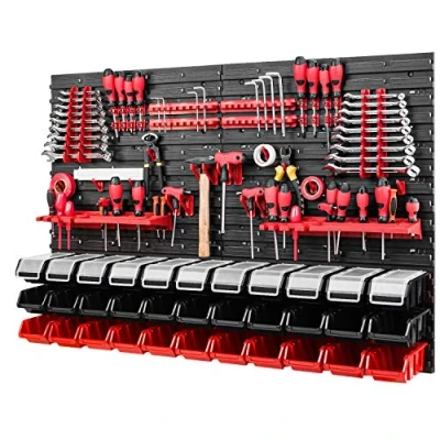 Afbeelding van Gereedschapswand 1152 x 780 mm opslagsysteem SET gatenwand met gereedschapshouders en stapelboxen deksel wandrek werkplaatsrek opbergdozen (zwart/rood)