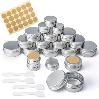 Afbeelding van 20 stuks lege cosmetica containerpotten 3 maten aluminium blikken potten met schroefdeksels, etiketten en mini spatel, monsterpotten voor lippenbalsem, kaars maken, crème, monster, poeder, (20 ml 10 5 ml), Zilver, 20ml, 10ml, 5ml, Compac