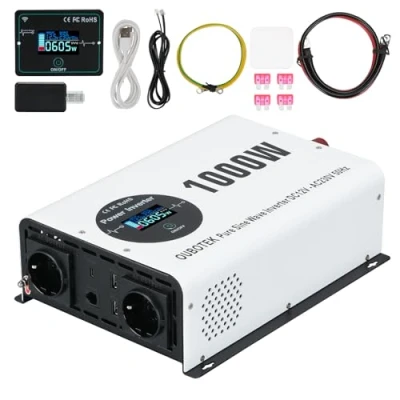 Afbeelding van OUBOTEK Omvormer, 1000 W / 2000 W, zuivere sinus, DC 12 V naar AC 230 V, met draadloze afstandsbediening, lcd display, 2 stopcontacten, USB A en 1 type C, spanningsomvormer voor camper, thuis,