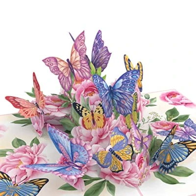 Afbeelding van MOKIO® Pop Up Vlinderkaart Bloemen met Vlinders 3D wenskaart voor verjaardag, als waardebon of een geld cadeau, Bloemenkaart envelop