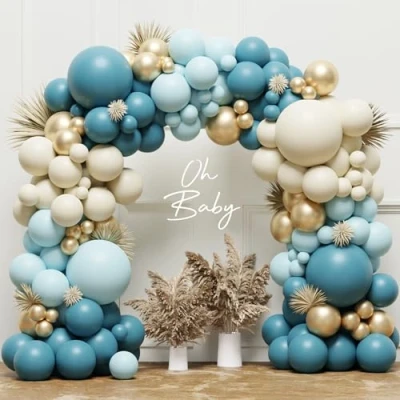 Afbeelding van blauwe ballonboog kit, blauwige ballonslinger 131 stuks babyblauwe, blauw witte en goudkleurige ballonnen, retro ballonnen voor babyshower decoratie jongen, verjaardagsdecoraties,
