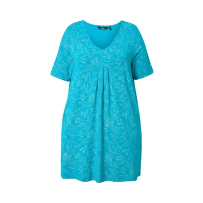Afbeelding van Ulla Popken Vinework Short Sleeve Pleated Tshirt print, Dames, Maat: 42/44, Blue turquoise