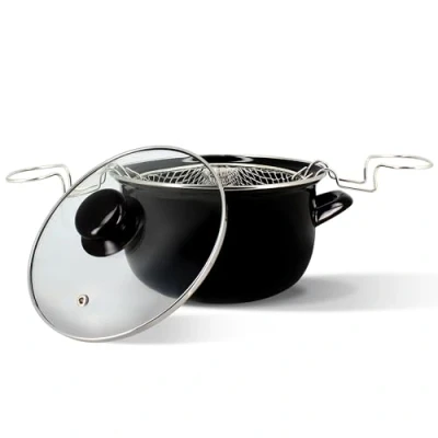 Afbeelding van MENASTYL Friteuse 20cm in zwart geëmailleerd staal en chromen rand Geleverd met deksel mand, voor heerlijke zelfgemaakte frietjes 3645579