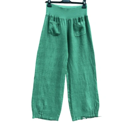 Afbeelding van Linnen broek met brede elastische talie steekzakjes rechte pijpen kleur GRASS GROEN maat 40/42
