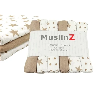 Afbeelding van MuslinZ 6 pk Baby mousseline vierkanten spuugdoeken druppeldoek borstvoeding hoes 70 x cm 100% puur katoen absorberend en ademend (taupe)