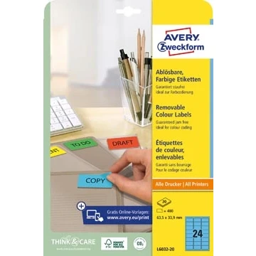 Afbeelding van Avery afneembare gekleurde etiketten ft 63,5 x 33,9 mm (b h), 480 stuks, 24 per blad, blauw etiket