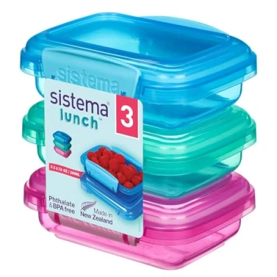 Afbeelding van Sistema Lunch Food Storage Containers with contrasting Clips, Green/Pink/Blue, 200 ml, Pack of 3