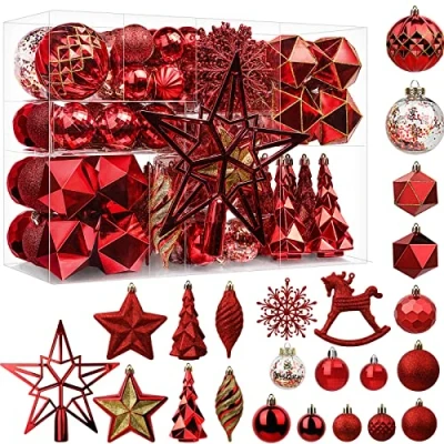Afbeelding van SHareconn Kerstboomdecoraties 100 CT kerstballen ornamenten, onbreekbare kunststof decoratieve ballen voor kerstboomdecoratie, vakantie bruiloft, rood