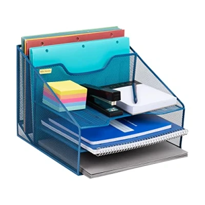 Afbeelding van Mind Reader Desktop Organizer, verticale bestandshouder, papierladen, kantoor, metalen gaas, 12,5&quot; L x 11,5&quot; B 9,5&quot; H, turkoois