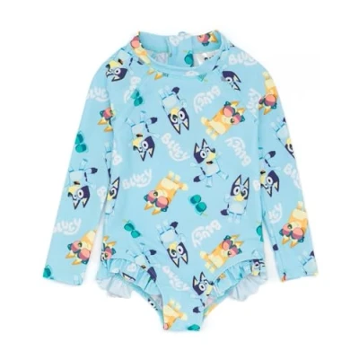 Afbeelding van bluey Girls Badpak Baby peuters blauw bingo logo all over print zwemkleding Lange mouw met franjezoom