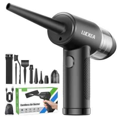 Afbeelding van LUCKEA 2 in 1 persluchtspray, stofblazer en stofzuiger, pc, 3 versnellingen, elektrische met ledlicht, 6000 mAh accu, pc reinigingsset voor toetsenbord,