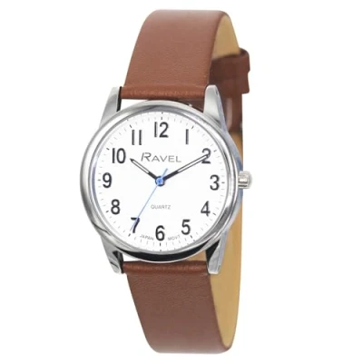 Afbeelding van Ravel Plus Unisex alledaags horloge met extra lange levensduur en een lederen band van microvezels Japanse analoge kwarts RP002L Bruin/Zilverkleurig/Witte Wijzerplaat