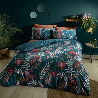 Afbeelding van Catherine Lansfield Tropische bloemen vogels omkeerbaar eenpersoons dekbedovertrek set met kussensloop groen