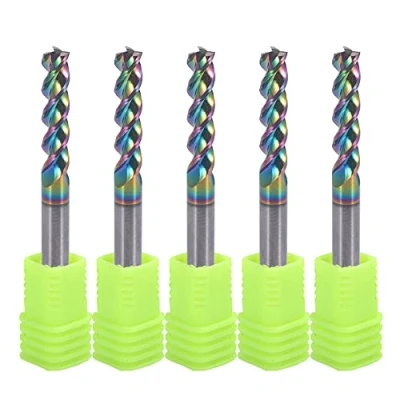Afbeelding van 4 mm Carbide vierkante eindmolen voor aluminium en koperen toepassingen, 3 fluit, snijdiameter, schacht, DLC coating, CNC routerbeetjes, eindmolenbeetjes, U type ontwerp met hoge voeding, 5 pack (4 * x 17 mm)
