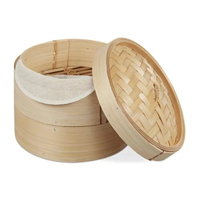 Afbeelding van Relaxdays stoommandje bamboe rijst stomer mandje om te stomen 2 laags 20.5 cm
