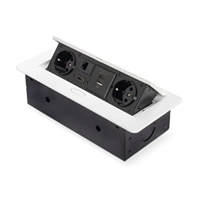 Afbeelding van Emuca Uitschuifbare en in de tafel intrekbare meervoudige stekkerdoos, stekker (EU type F, USB A+C, RJ45 HDMI), 265 x 120 mm, wit.