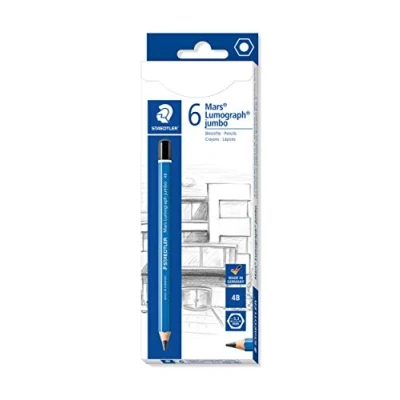 Afbeelding van STAEDTLER 100J 4B Jumbo potloden Mars Lumograph jumbo, zeskantige vorm, hoge breukvastheid, kwaliteit, Made in Germany, hardheidsgraad 4B, 6 stiften kartonnen vouwdoos