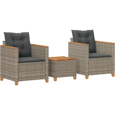 Afbeelding van 3 delige Bistroset met kussens poly rattan en acaciahout grijs