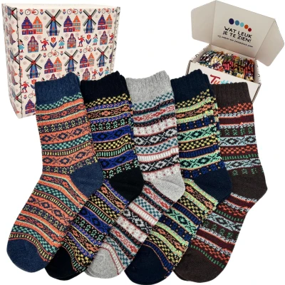 Afbeelding van Tutti Footi Warme Winter sokken Set van 5 paar Vintage Noors design met Wol Maat 37 41 Huissokken Dames/Heren