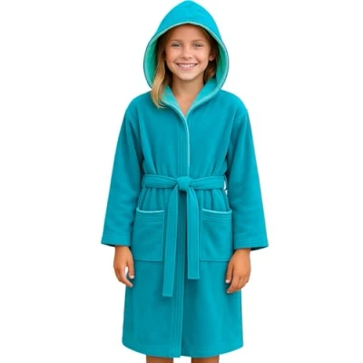 Afbeelding van Morgenstern meisje badstof badjas met capuchon van 100% katoen velour turkoois 134 140 cm, 9 10 jaar