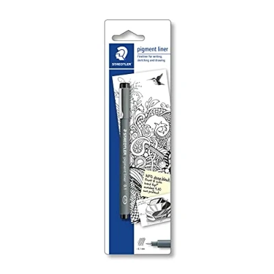 Afbeelding van STAEDTLER Zwarte pigment liner, lijnbreedte 0,1 mm, onuitwisbare pigmentinkt, lange metalen punt, levensduur, 1 fineliner op blisterkaart, 30801 9BKD