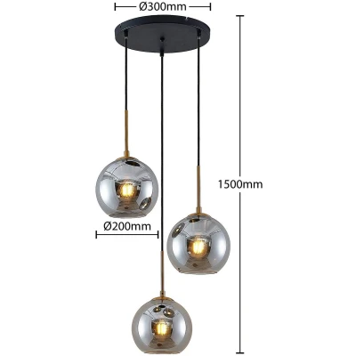 Afbeelding van Lindby hanglamp 3lichts staal, glas H: 17.5 cm E27 rookglas, zwart, brons