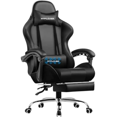 Afbeelding van GTPLAYER Bureaustoel, gamingstoel, ergonomische gamerstoel met voetensteun, hoofdsteun, lendenkussen, gevoerd, draaistoel, zwart