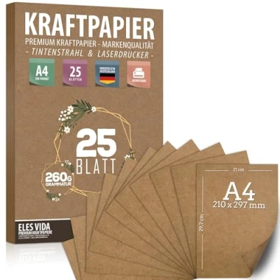 Afbeelding van 25 vellen kraftpapier A4 set 260 g 21 x 29,7 cm DIN formaat knutselpapier &amp; natuurkarton kartonnen kraftkarton om af te drukken, papierknutsels huwelijksgeschenk en etiketten
