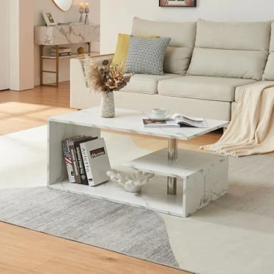 Afbeelding van [en.casa] Salontafel Haarlem rechthoekig mdf marmerlook wit met extra opbergruimte 90x50x41 cm