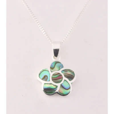 Afbeelding van Fijne bloemvormige zilveren hanger met abalone schelp aan ketting