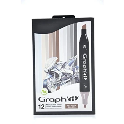 Afbeelding van Graph&#039;it Marker op alcoholbasis, set van 12, 2 punten Mix Greys colors