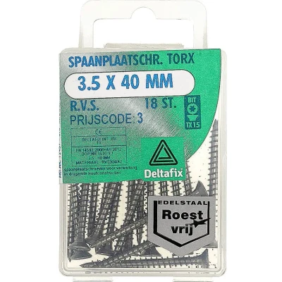 Afbeelding van Deltafix spaanplaatschroef platkop / torx r.v.s. a2 3.5 x 40 mm 18 st.