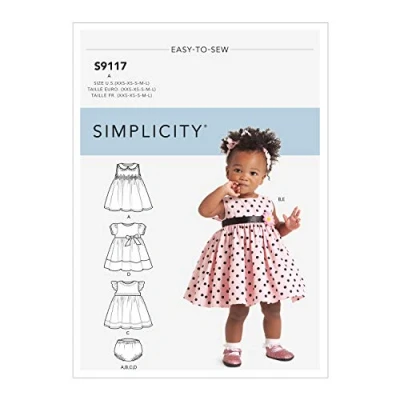 Afbeelding van Simplicity SS9117A snijpatroon S9117 babyjurken, broekjes en haarband, verschillend, A (XXS XS S M L)