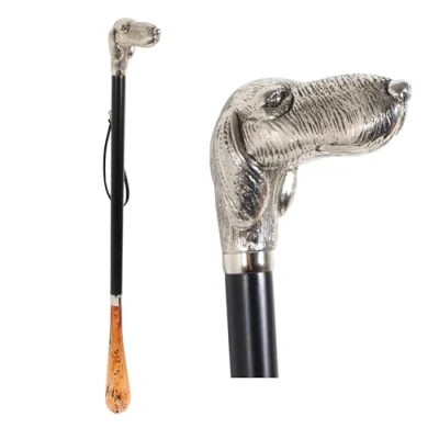 Afbeelding van Design schoenlepel 70 cm met zilveren hondenkop als handvat, zwarte houten schacht, zwart/zilver,