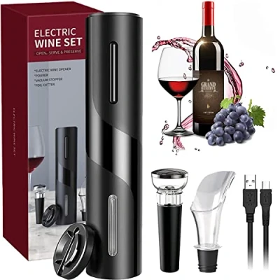 Afbeelding van elektrische kurkentrekker, geschenkverpakking 5 in 1 wijnflesopener met foliesnijder, vacuümstopper en wijnschenker, oplaadbare USB batterij (Zwart 1)