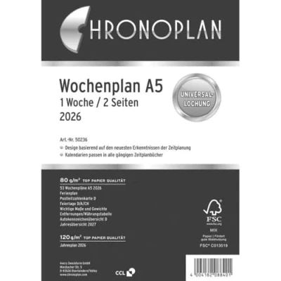 Afbeelding van Chronoplan 50236 agendavulling 2026, weekplan A5, 148 x 210 mm, reserve kalender voor afsprakenplanner, ideaal gedetailleerde weekplanning, 1 week op 2 pagina&#039;s in kolommen, met universele
