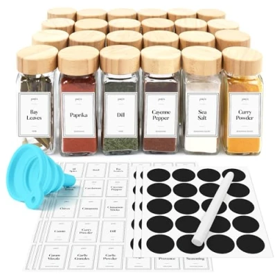 Afbeelding van Joeji&#039;s Kitchen Kruidenpotten met deksel en etiketten 24 stuks 120ml glazen containers set bamboe ultieme keukenopslagoplossing voor specerijen kruiden