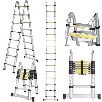 Afbeelding van Voluker Telescopische ladder van aluminium,5 meter, vouwladder, uittrekbare ladder, maximale belasting: 150 kg, zilver