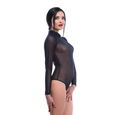 Afbeelding van Evoni Dames body lange mouwen stringbody transparant, zwart, S