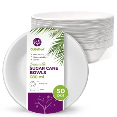 Afbeelding van 50 wegwerpschalen van suikerrietpapier, 680 ml, groot, biologisch afbreekbaar wegwerpservies, extra sterk, wit, feest en ontbijtschalen, bagassekommen