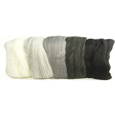 Afbeelding van RAYHER HOBBY 5364900 Viltwol, merinowol, kam, fijn, 19 mic, 5 kleuren van elk 10 g, zwart wit grijs, 100% schapenscheerwol om te vilten, 50 g